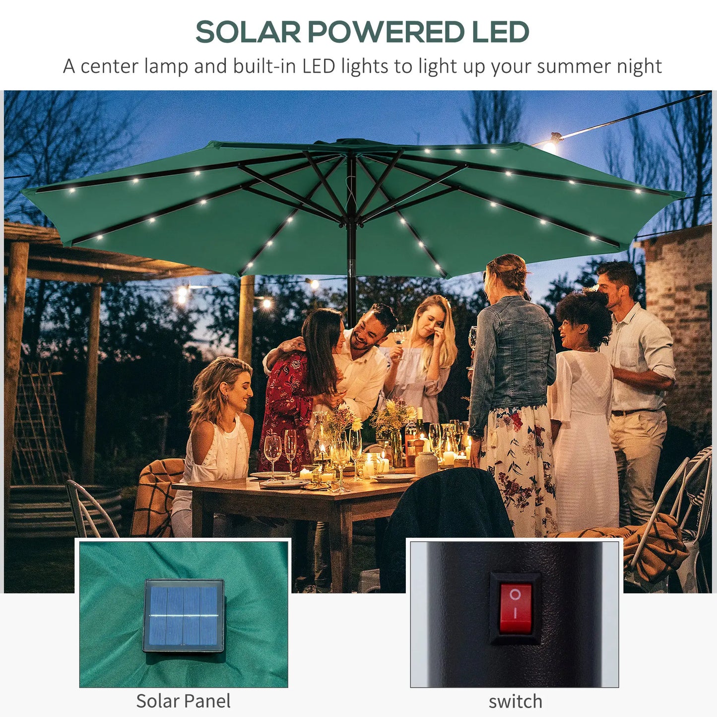 9ft Solar Patio Umbrella, 24 LED Lights, Tilt Canopy, Green Sun Umbrellas at Gallery Canada