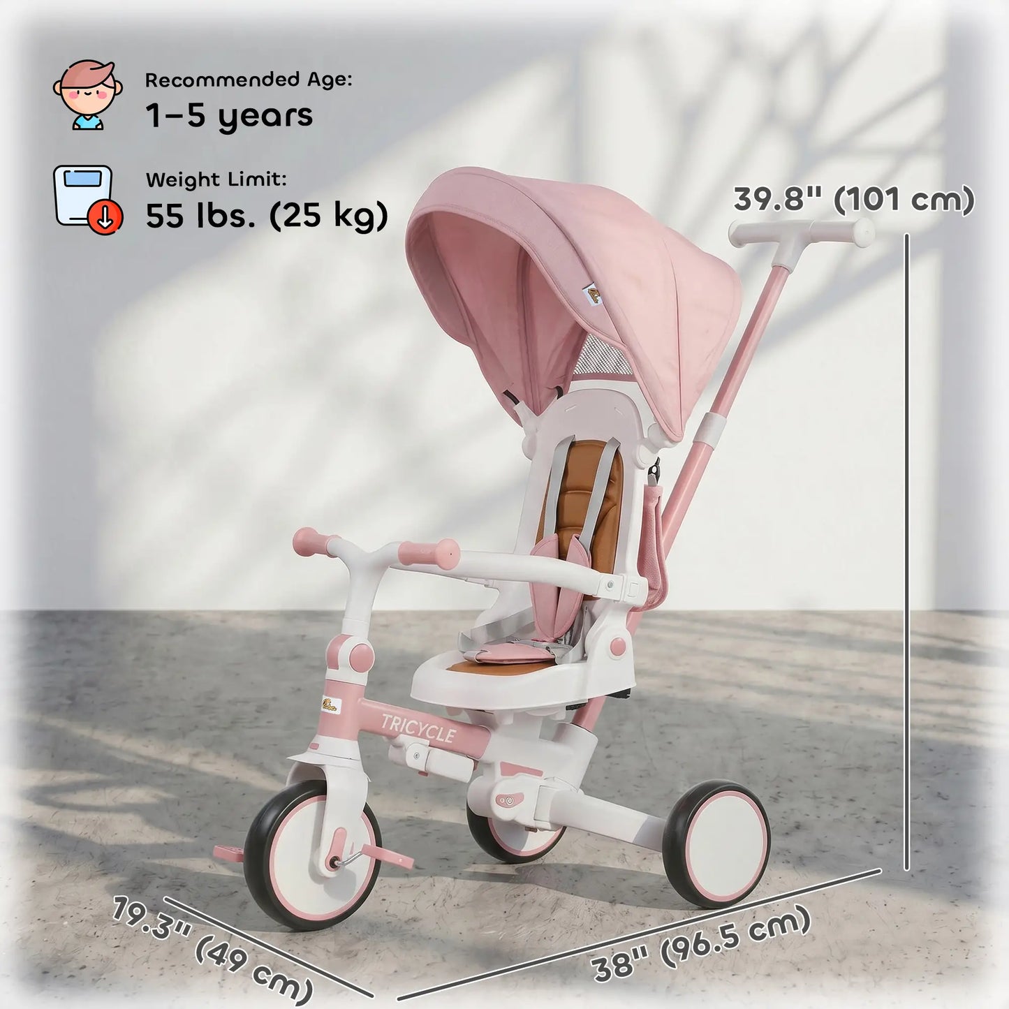 7 in 1 Toddler Tricycle, Safety Harness, Adjustable Parent Handle, Pink Tricycles for Kids at Gallery Canada