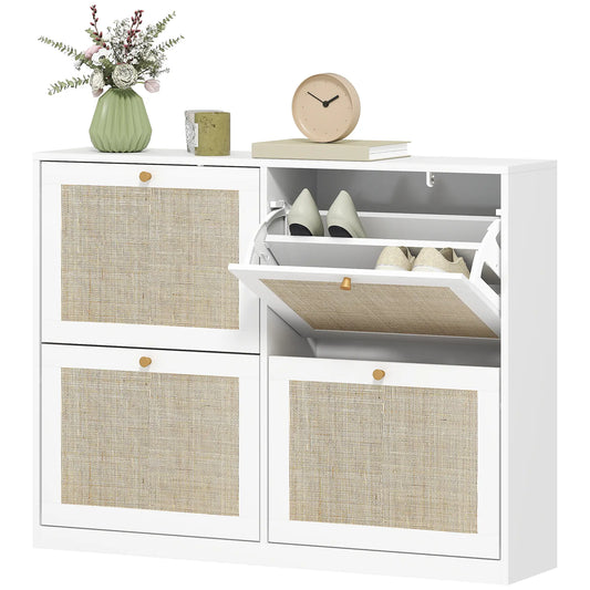 Narrow Shoe Storage Cabinet, 4 Flip Drawers, Adjustable Shelves, 20 Pairs, White Shoe Storage Cabinets & Racks White, Natural at Gallery Canada