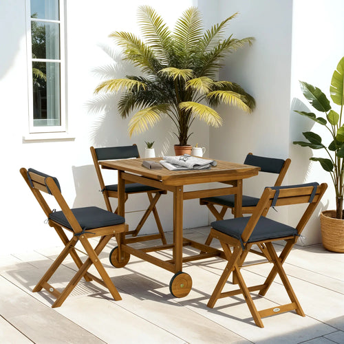 5-Piece Wood Patio Dining Set, Wheeled Table, Folding Chairs with Cushions, Teak