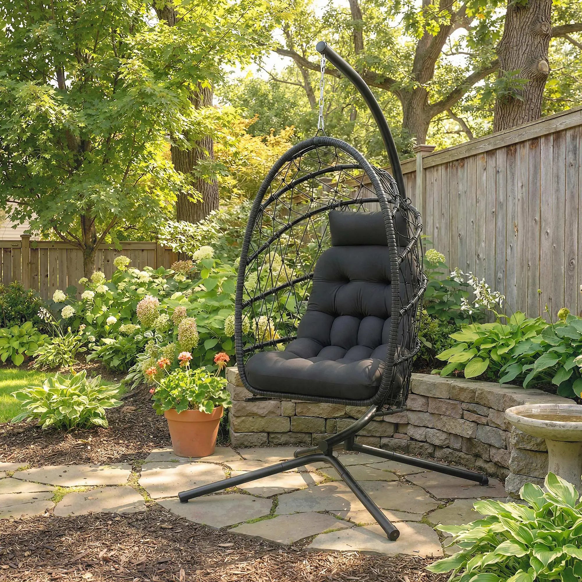 Hanging Egg Chair With Stand, Foldable Wicker Rattan Swing, Thick Cushion, Black Patio Swings with Stand at Gallery Canada
