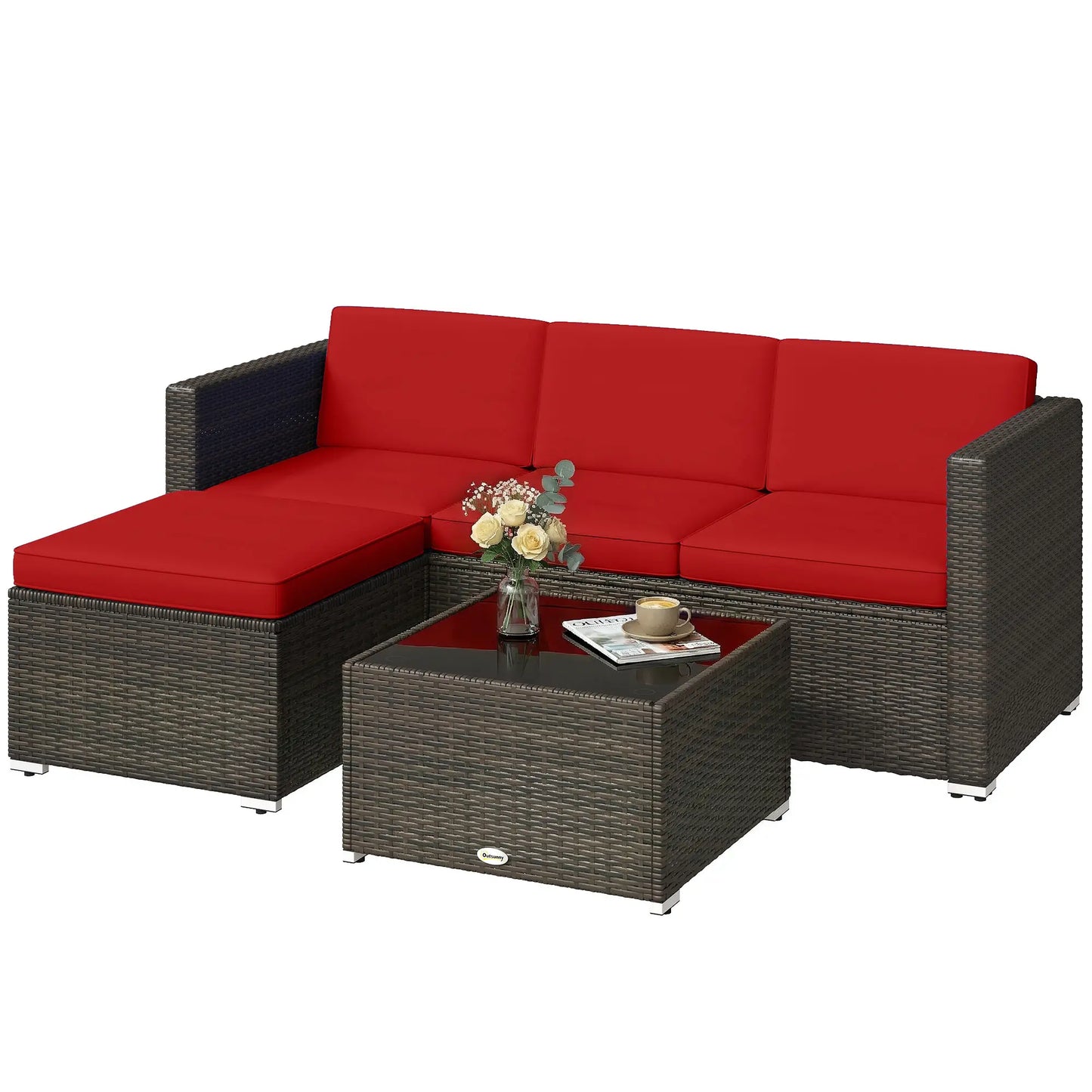 3-Piece Patio Furniture Set, Outdoor PE Rattan Wicker Sofa, Glass Top Table Patio Furniture Sets Brown, Red, Black at Gallery Canada