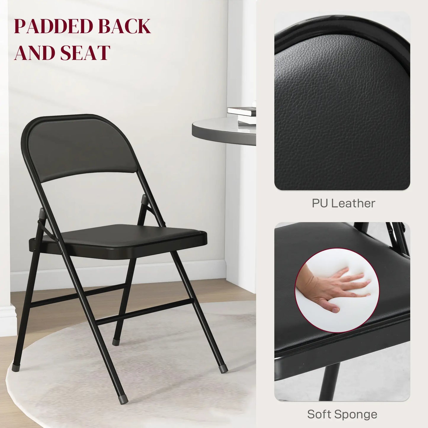 Set of 2 Metal Foldable Chairs, PU Leather Padded, Black Bar Stools at Gallery Canada