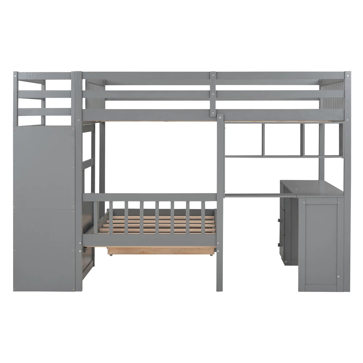 Over Twin Bunk Bed with Study Desk, Drawers, Shelves, 98" L x 80" W x 64.5" H, Grey Bed Frames at Gallery Canada