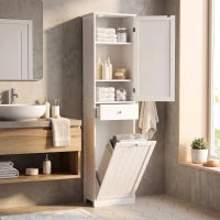 71" Tall Bathroom Storage Cabinet, Narrow with Laundry Basket, White