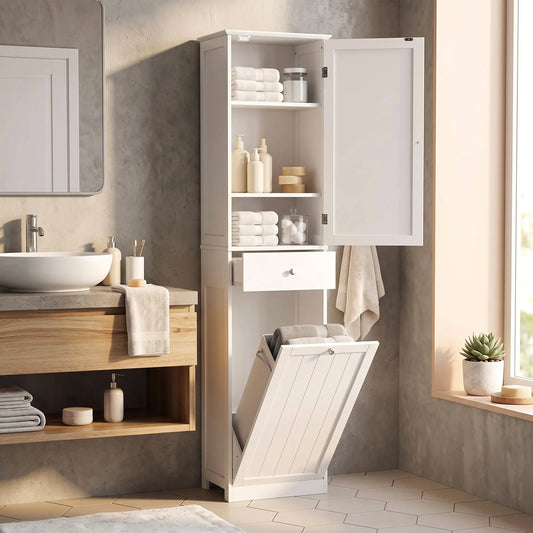 71" Tall Bathroom Storage Cabinet, Narrow with Laundry Basket, White
