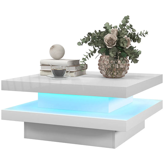 Square Coffee Table, 2-Tier with 7 LED Lights, Remote, White Coffee Tables White at Gallery Canada