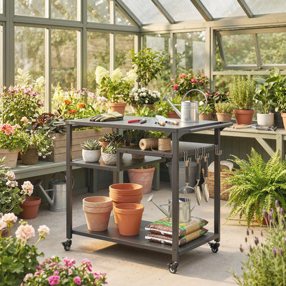 Outdoor Grill Cart, Three-Shelf Pizza Oven Stand With Hooks, Wheels, Black Outdoor Grill Carts at Gallery Canada