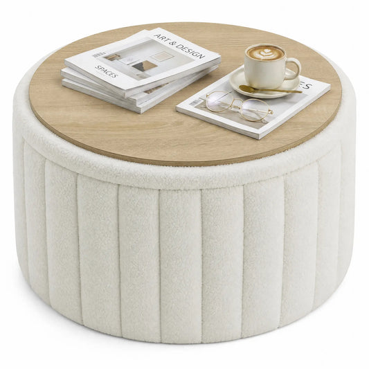 Round Coffee Table, Hidden Storage, Sherpa Fleece, Reversible Lid, Cream White, Cream White Coffee Tables Multi Colour at Gallery Canada