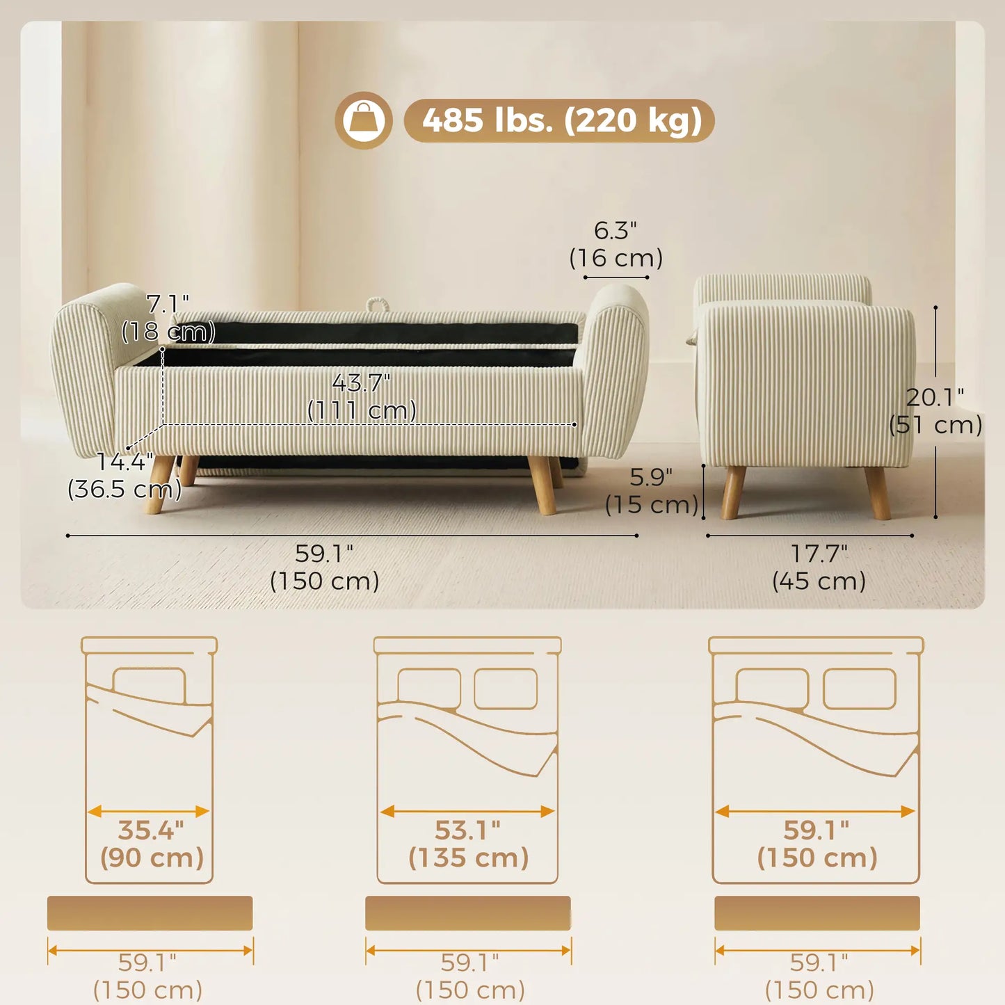 Corduroy Storage Ottoman Bench, 59", Beige