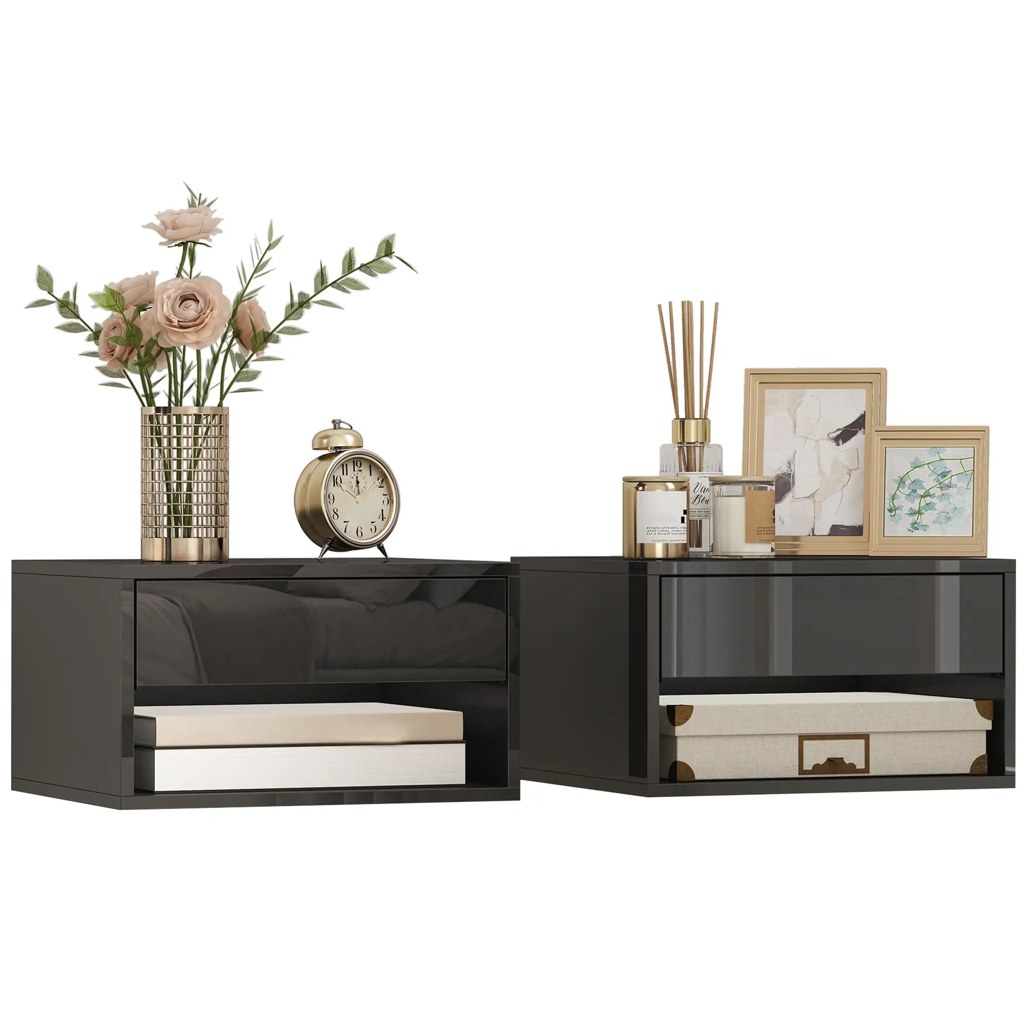 Floating Bedside Tables, Wall-Mounted Nightstand, High Gloss Black Bedside Tables at Gallery Canada