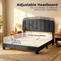 Cadre de lit Queen Size, Plateforme rembourrée, Tête de lit ajustable, Gris foncé, Gris foncé