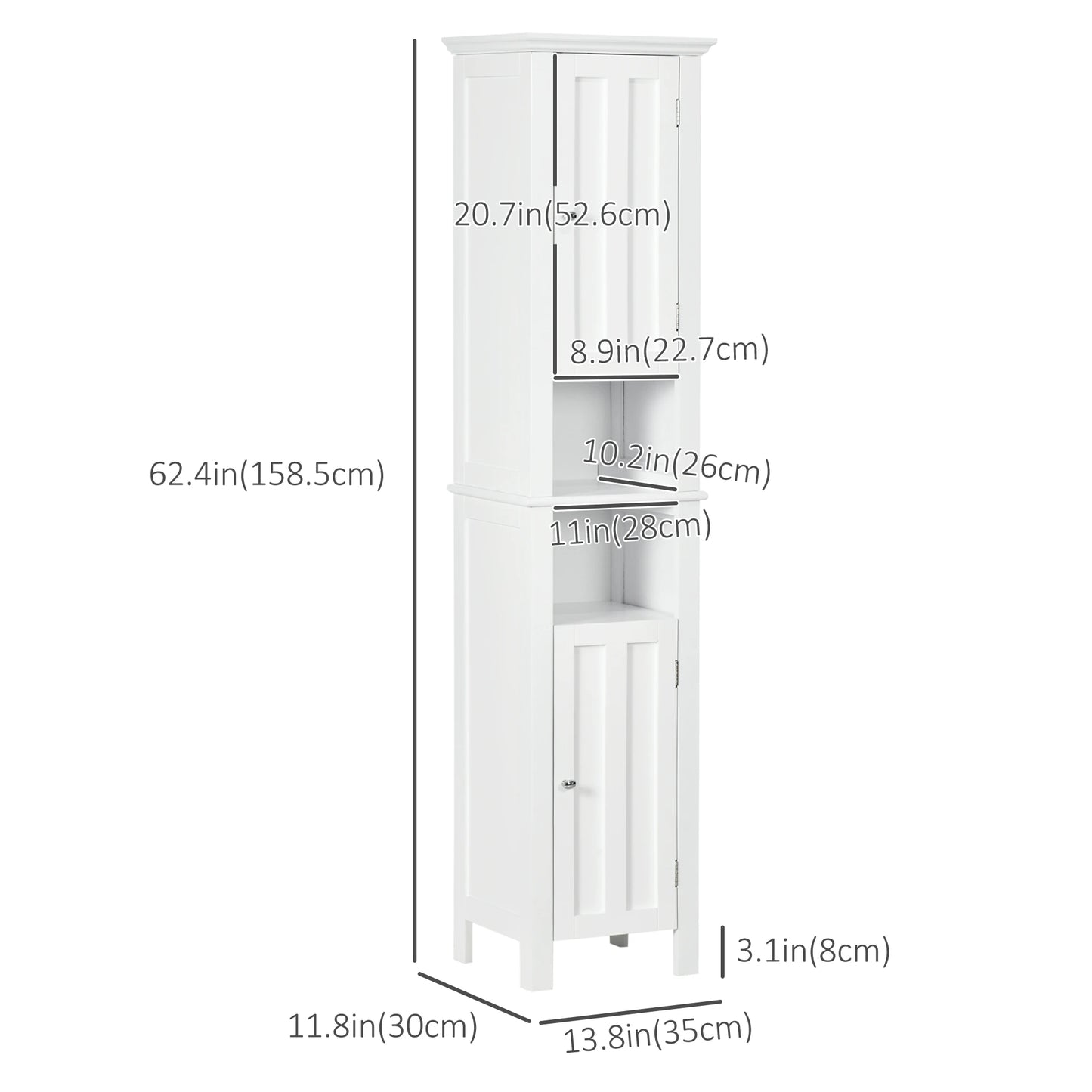 Freestanding Bathroom Cabinet, Open Shelves, 13.8" x 11.8" x 62.4", White Bathroom Cabinets at Gallery Canada