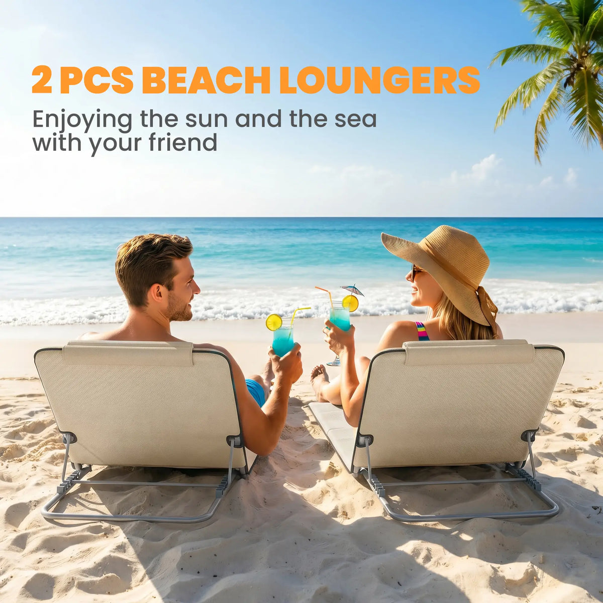 Beach Lounge Chair Set, 2 Pieces, Folding Chaise, Beige