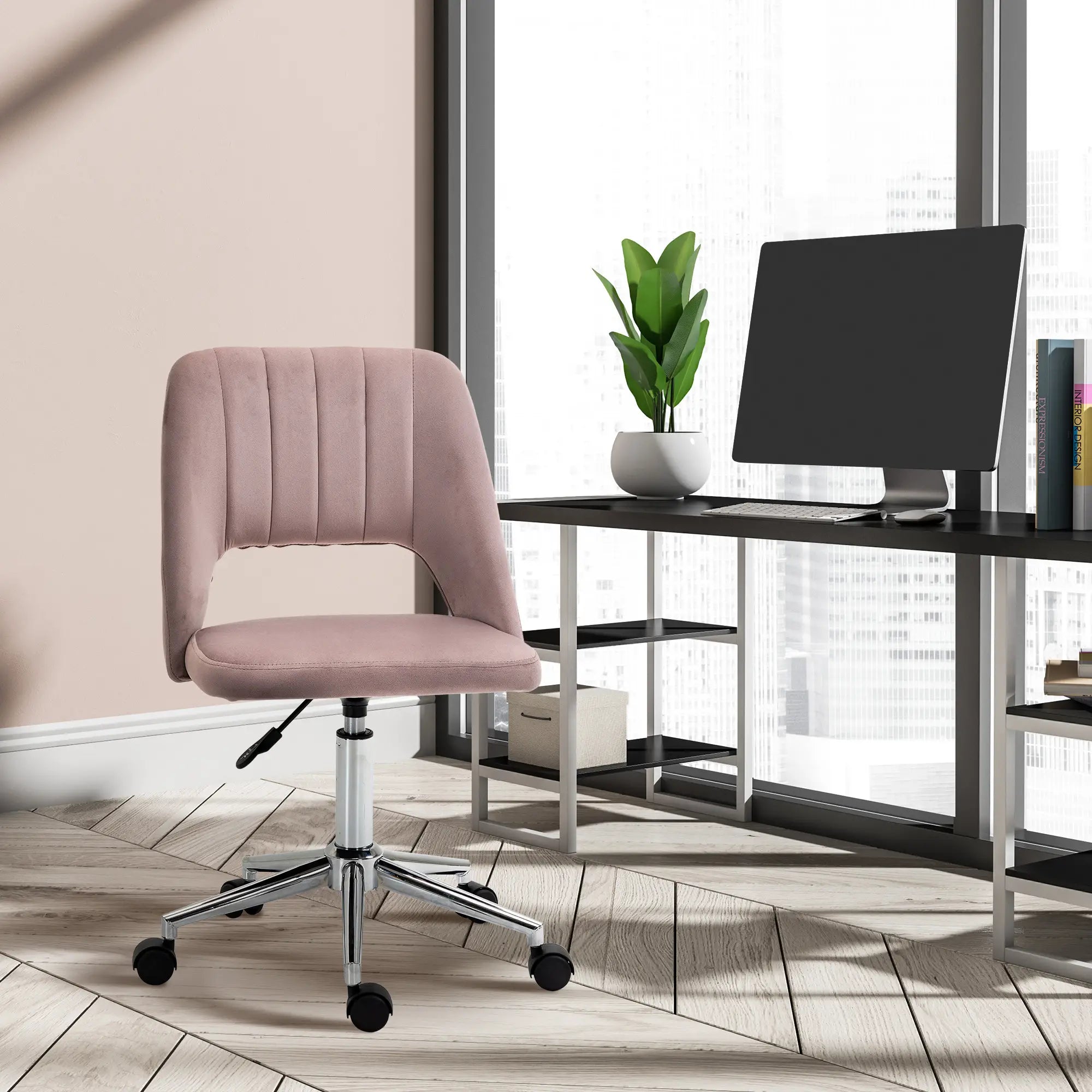 Mid Back Office Chair, Velvet Fabric, Swivel, Scallop Shape, Pink Office Chairs at Gallery Canada