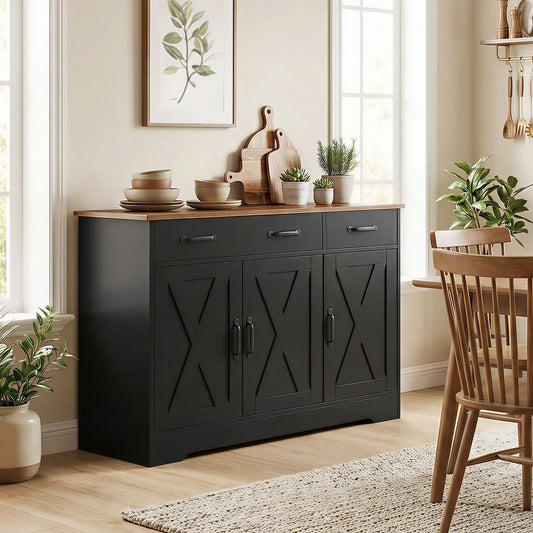 43" Sideboard Buffet Cabinet, 3 Barn Doors, 2 Drawers, Black Bar Cabinets Black, Dark Brown at Gallery Canada