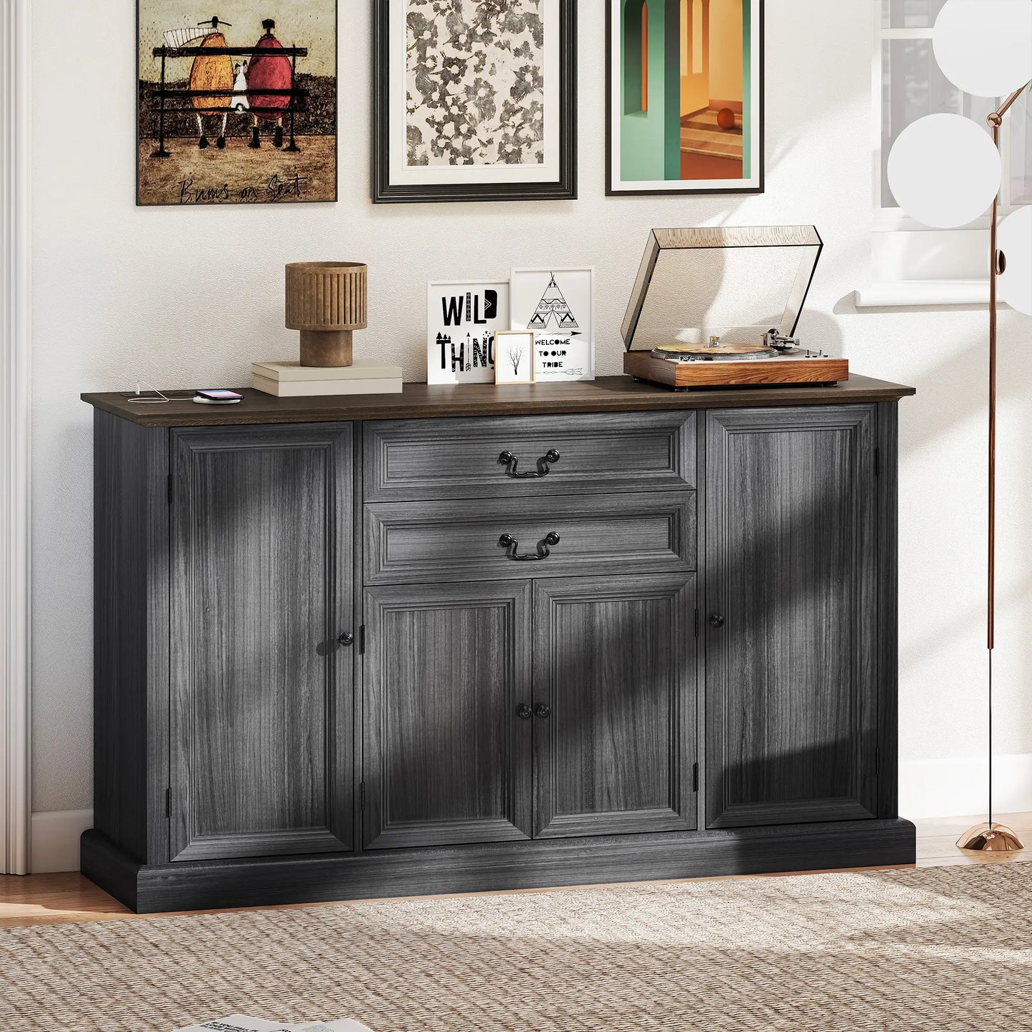 Farmhouse Sideboard with Charging Station, 58 Inch Buffet Cabinet, 2 Soft Close Drawers, Black Storage Cabinets at Gallery Canada