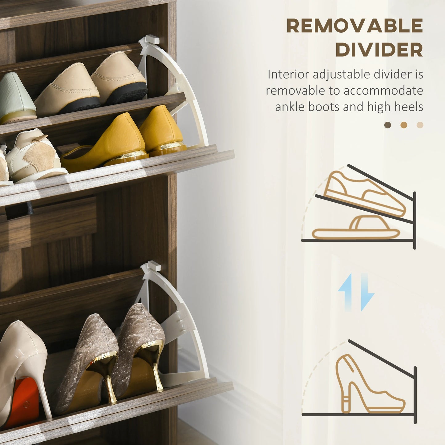 Shoe Storage Cabinet, 12 Pairs, 2 Flip Drawers, Adjustable Shelves, Walnut Shoe Storage Cabinets & Racks at Gallery Canada