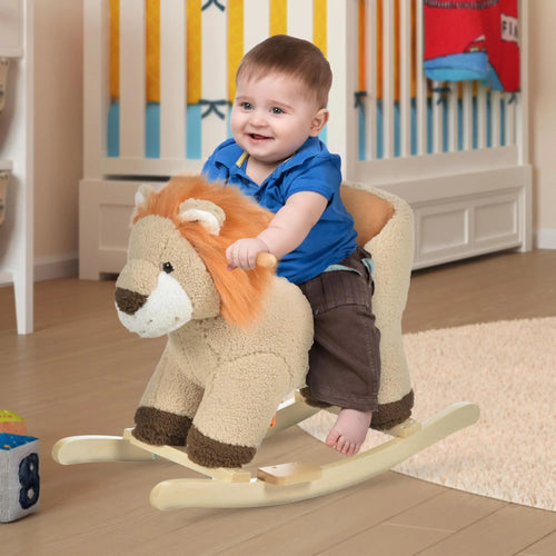 Baby Rocking Horse, Lion Design, Plush, Wooden, Sound, Seat Belt, 18-36 Months, Brown