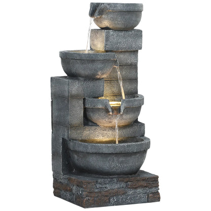 30" Tall Outdoor Water Fountain, LED Lights, 4-Tier Resin Bowls, Grey Water Fountains at Gallery Canada