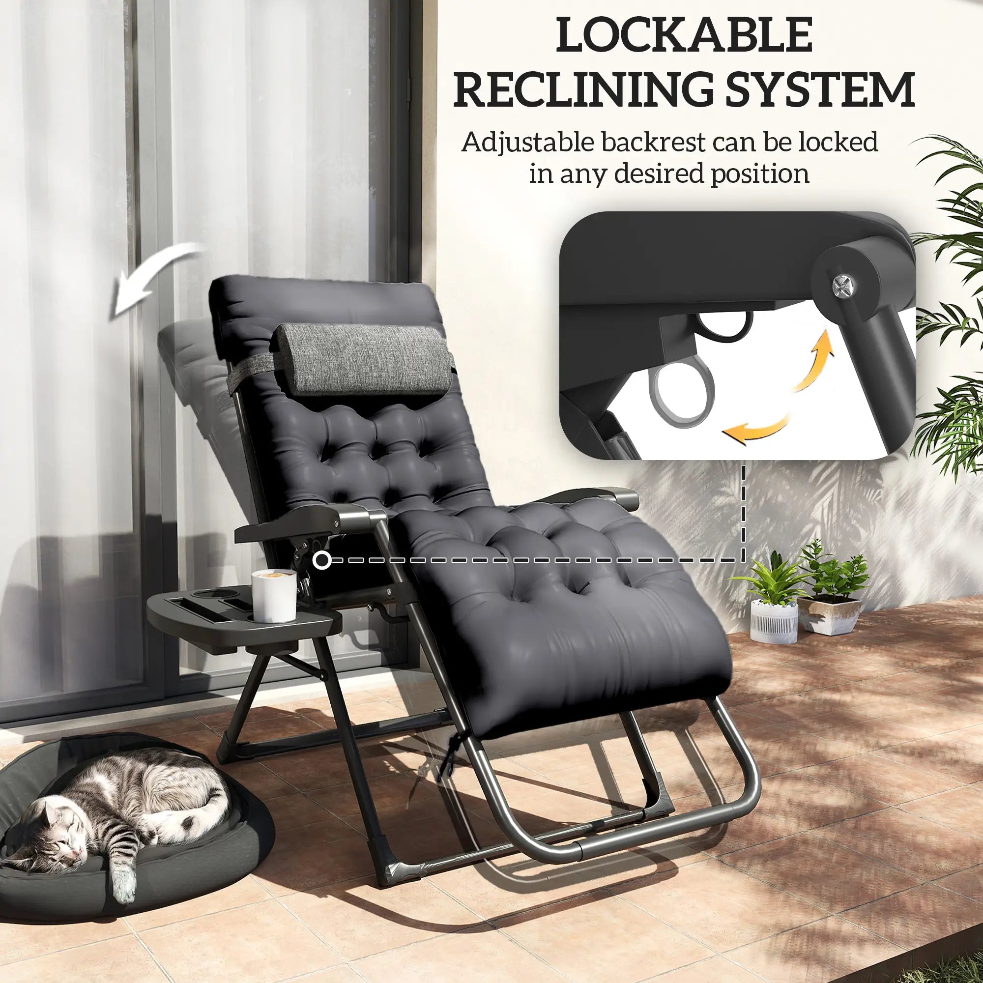 Padded Folding Recliner Chair, Adjustable Backrest, Removable Cushion, Black Lounger Chairs at Gallery Canada