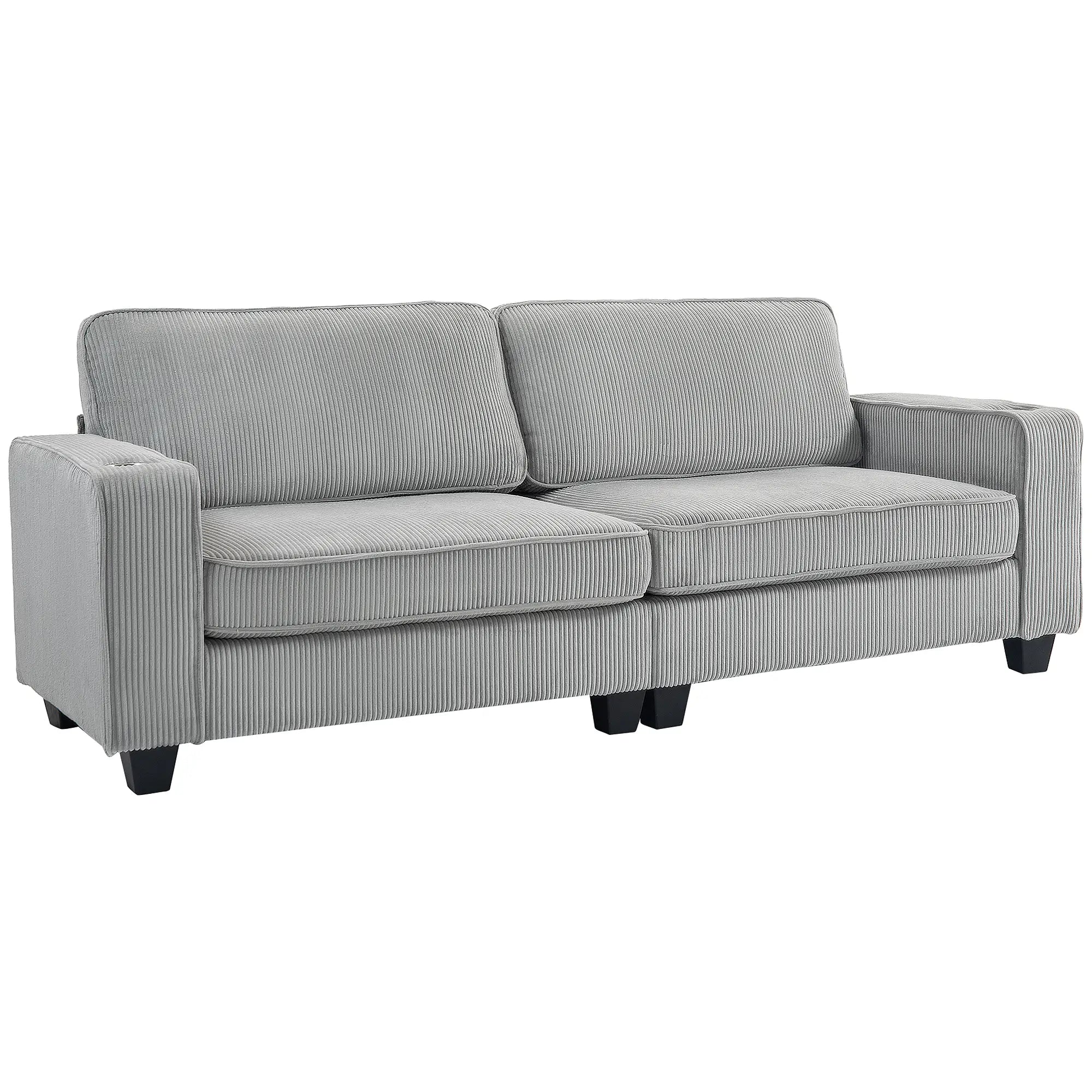 Three Seater Sofa, Fabric Couch with Spring Cushion, Cup Holders, Light Grey 3-Seater Sofas at Gallery Canada