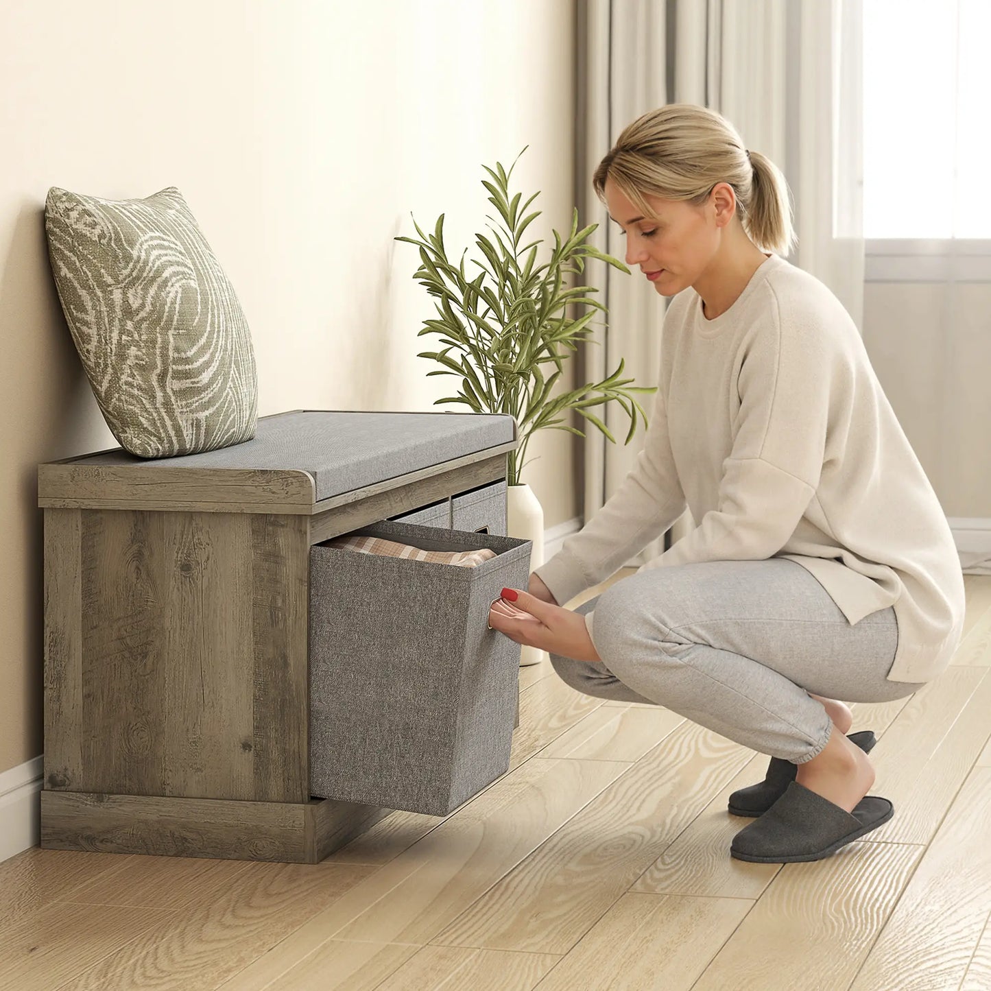 Shoe Storage Bench with Seat, 3 Fabric Drawers, Washed Grey Shoe Storage Cabinets & Racks at Gallery Canada