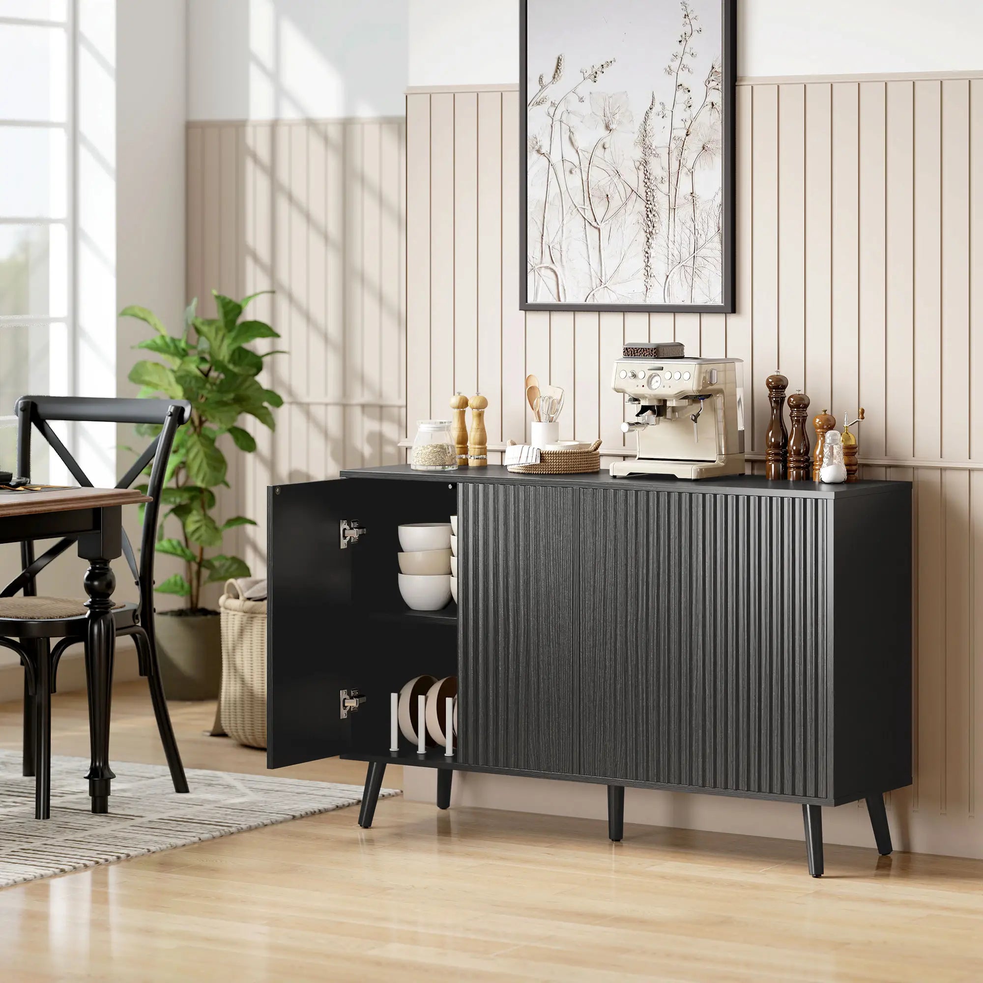 Buffet Cabinet with Storage, Modern Fluted Sideboard, Black Bar Cabinets at Gallery Canada