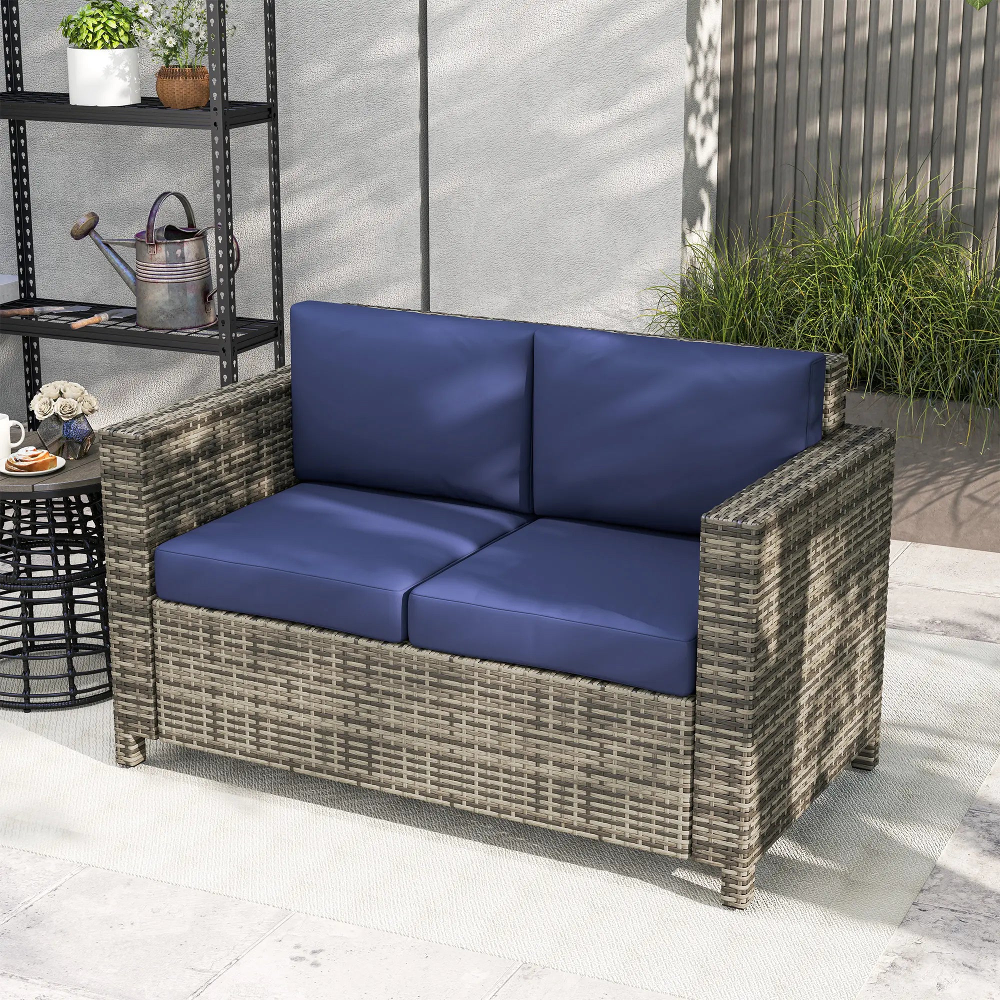 Wicker Outdoor Sofa, All Weather Patio Loveseat With Cushions, Dark Blue Patio Furniture Sets at Gallery Canada
