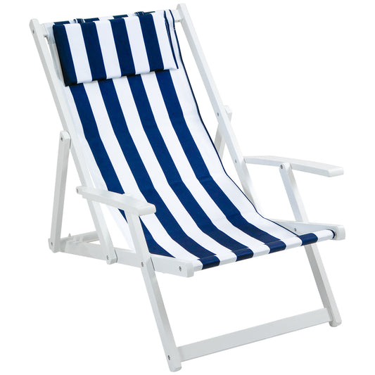 Outdoor Folding Sun Lounger, Patio Beach Recliner, 3-level Adjustable Backrest Chaise Lounge Chair with Padded Pillow Wood Frame, Blue &; White Stripes - Gallery Canada