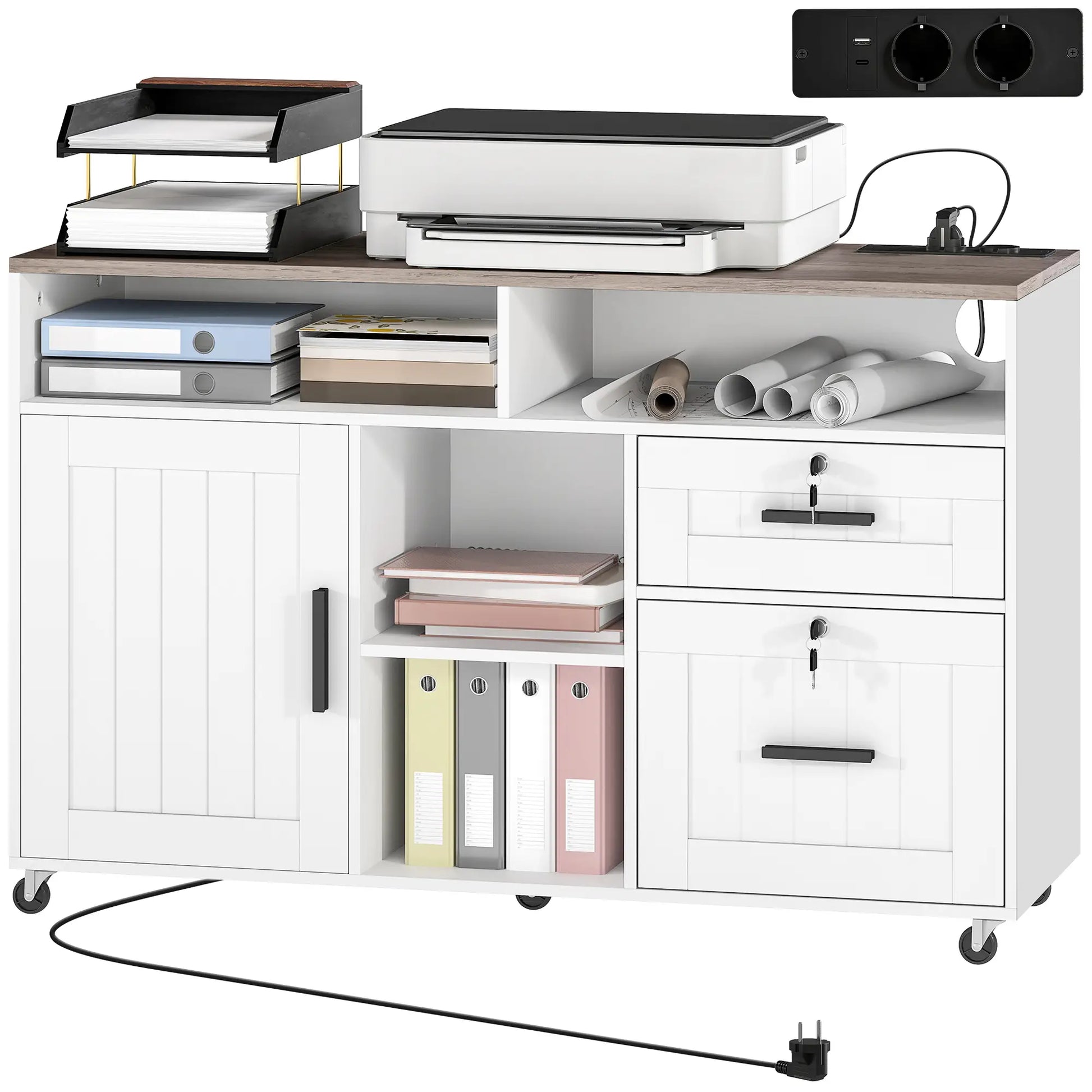 Mobile Printer Stand with Charging Station, Locking Filing Cabinet for A4 and Letter Size, White Office Cabinets & Cupboards White, Brown at Gallery Canada