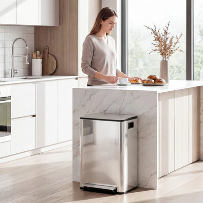 2 x 30L / 7.9 Gallon Dual Trash Can with Removable Inner Buckets and Handles for Kitchen, Office, Bathroom, Silver