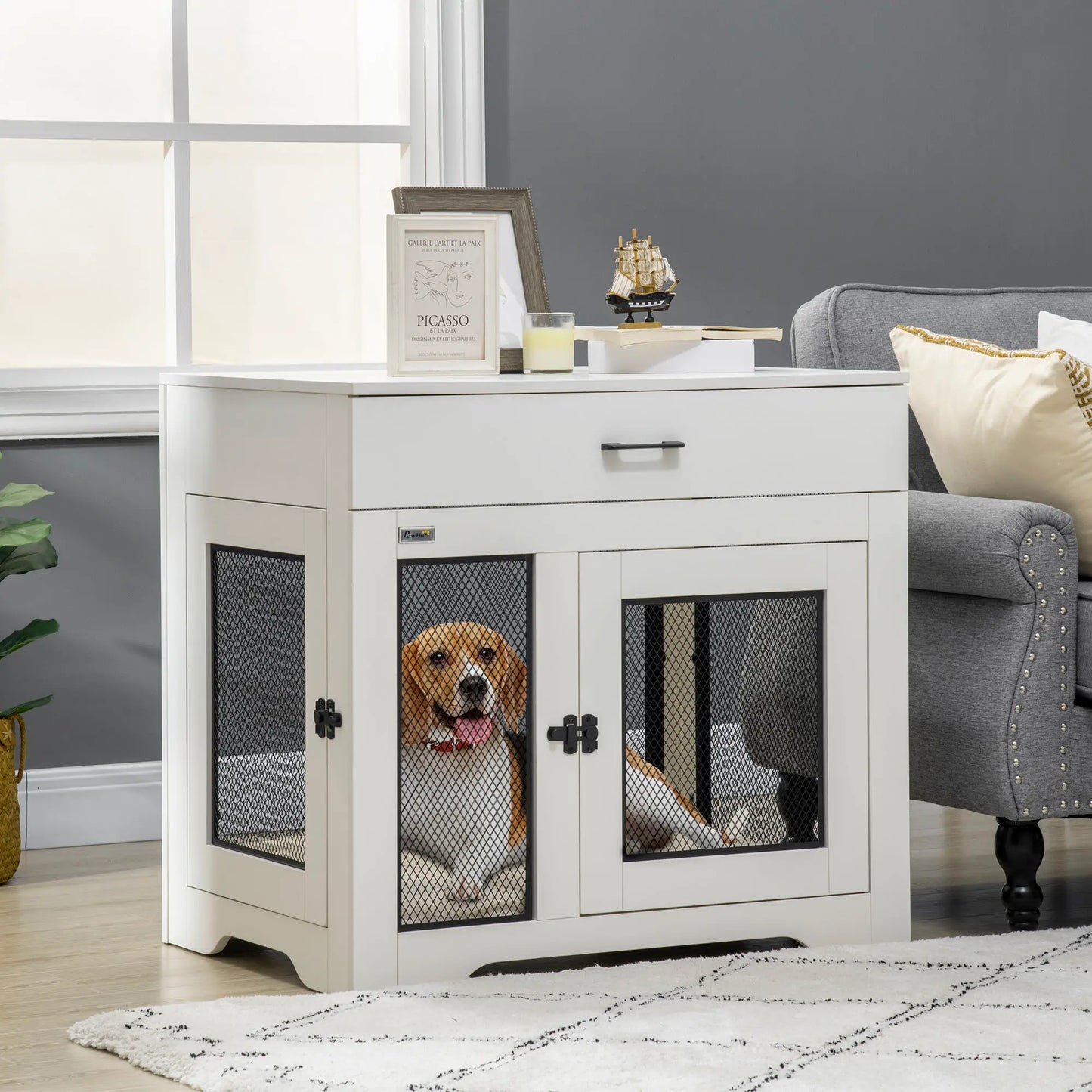 Dog Crate Furniture with Cushion, 2 Doors, Storage, White Houses, Kennels & Pens at Gallery Canada