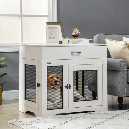 Dog Crate Furniture with Cushion, 2 Doors, Storage, White