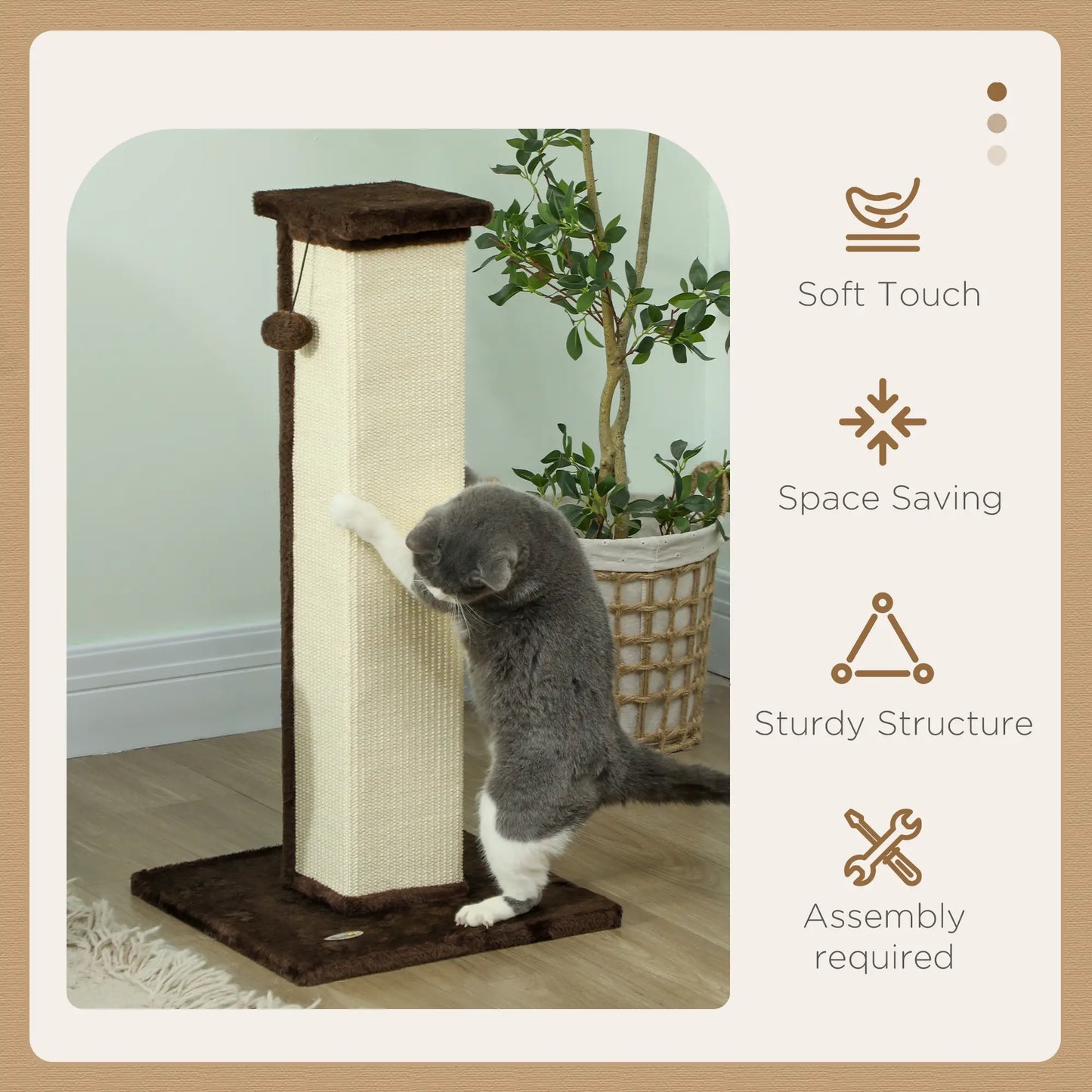 32" Tall Cat Scratching Post, Sisal Scratcher with Hanging Ball, Brown Cat Posts at Gallery Canada