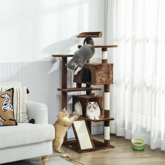 54" Cat Tree, Multi-Level Tower With Scratching Posts, Light Brown