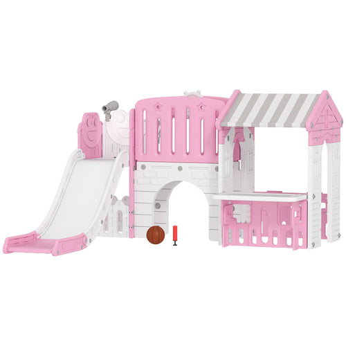 7-in-1 Toddler Slide Climber Playset with Playhouse and Basketball Hoop, Pink