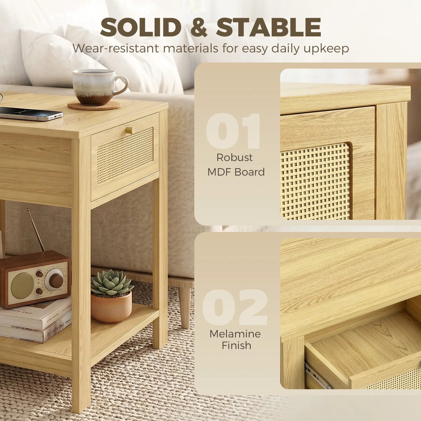 Nightstand Set of 2 With Drawer & Shelf, Natural Wood, Natural Wood Side Tables at Gallery Canada