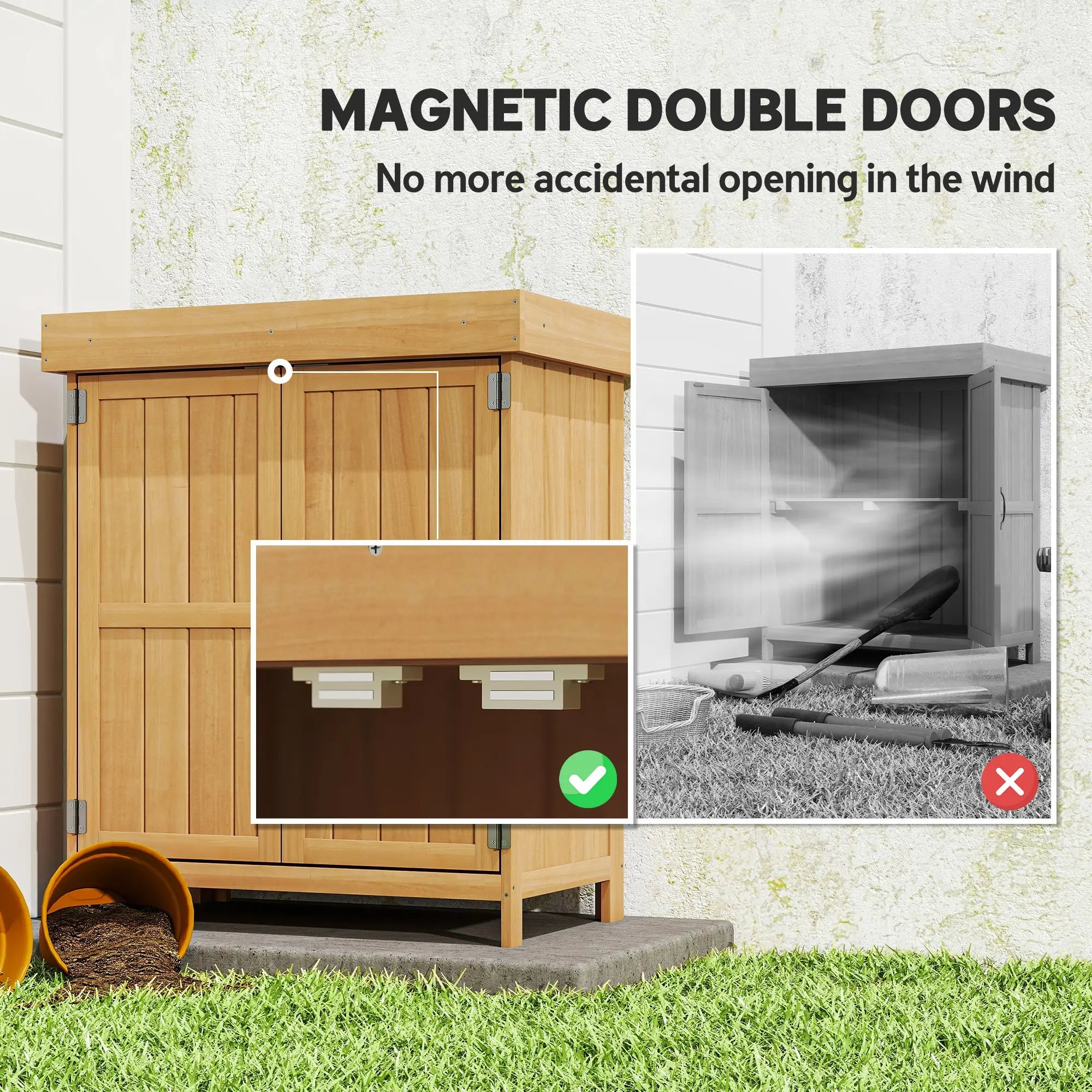 Wooden Garden Tool Shed, Hinged Roof, 2-Tier Shelves, Double Doors, 74x43x88cm, Natural Wood Sheds at Gallery Canada
