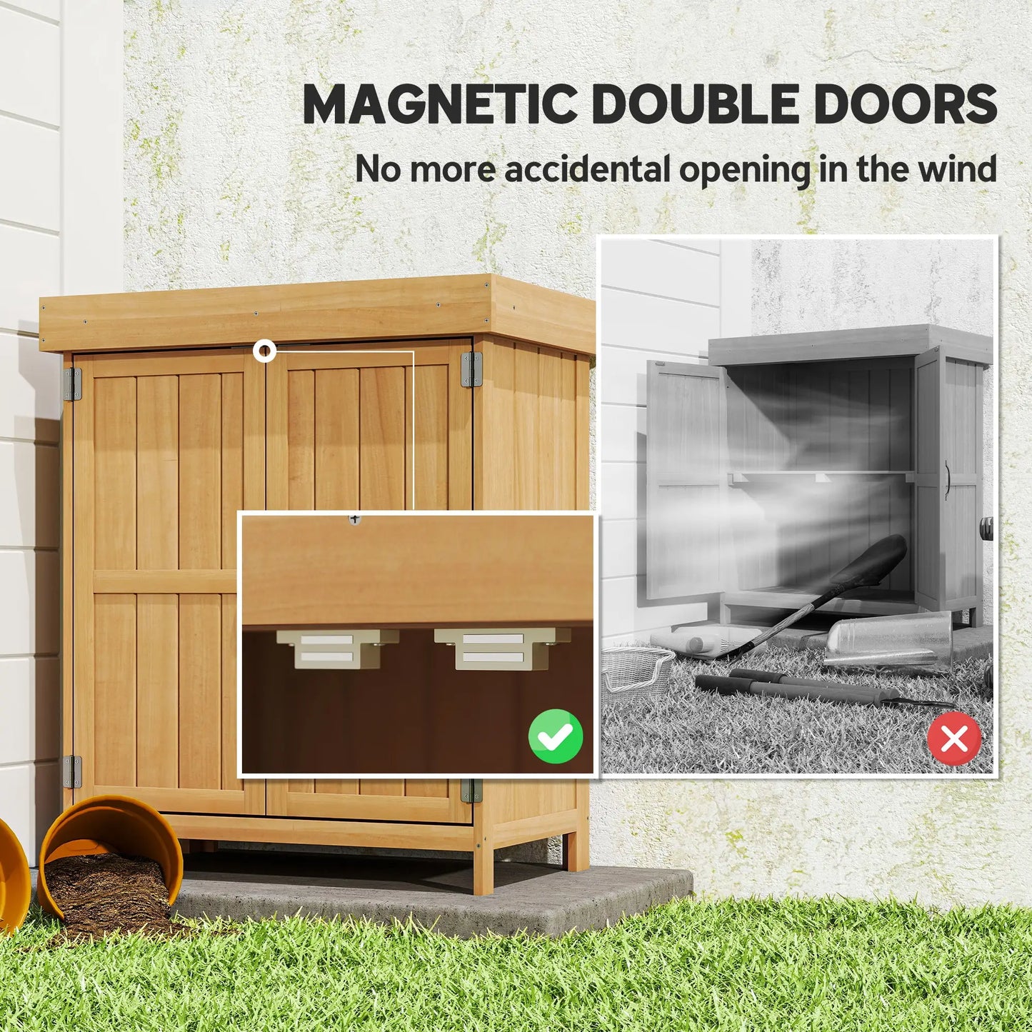 Wooden Garden Tool Shed, Hinged Roof, 2-Tier Shelves, Double Doors, 74x43x88cm, Natural Wood Sheds at Gallery Canada