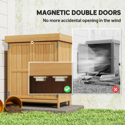 Wooden Garden Tool Shed, Hinged Roof, 2-Tier Shelves, Double Doors, 74x43x88cm, Natural Wood Sheds at Gallery Canada
