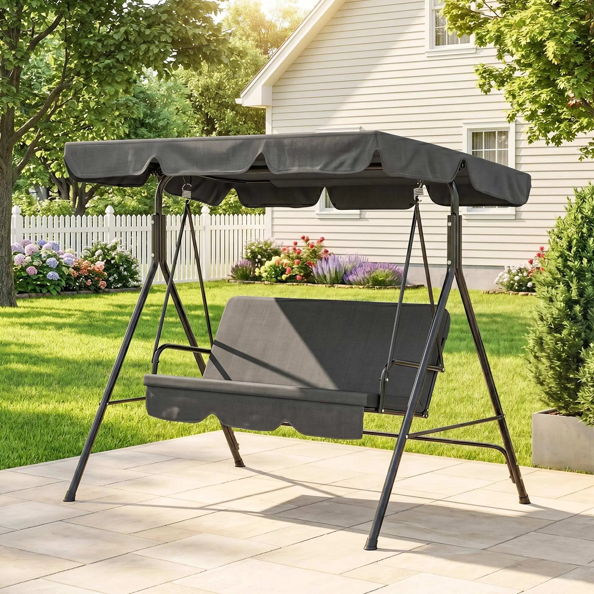 3-Seater Outdoor Porch Swing, Adjustable Canopy, Black Patio Swings with Stand at Gallery Canada