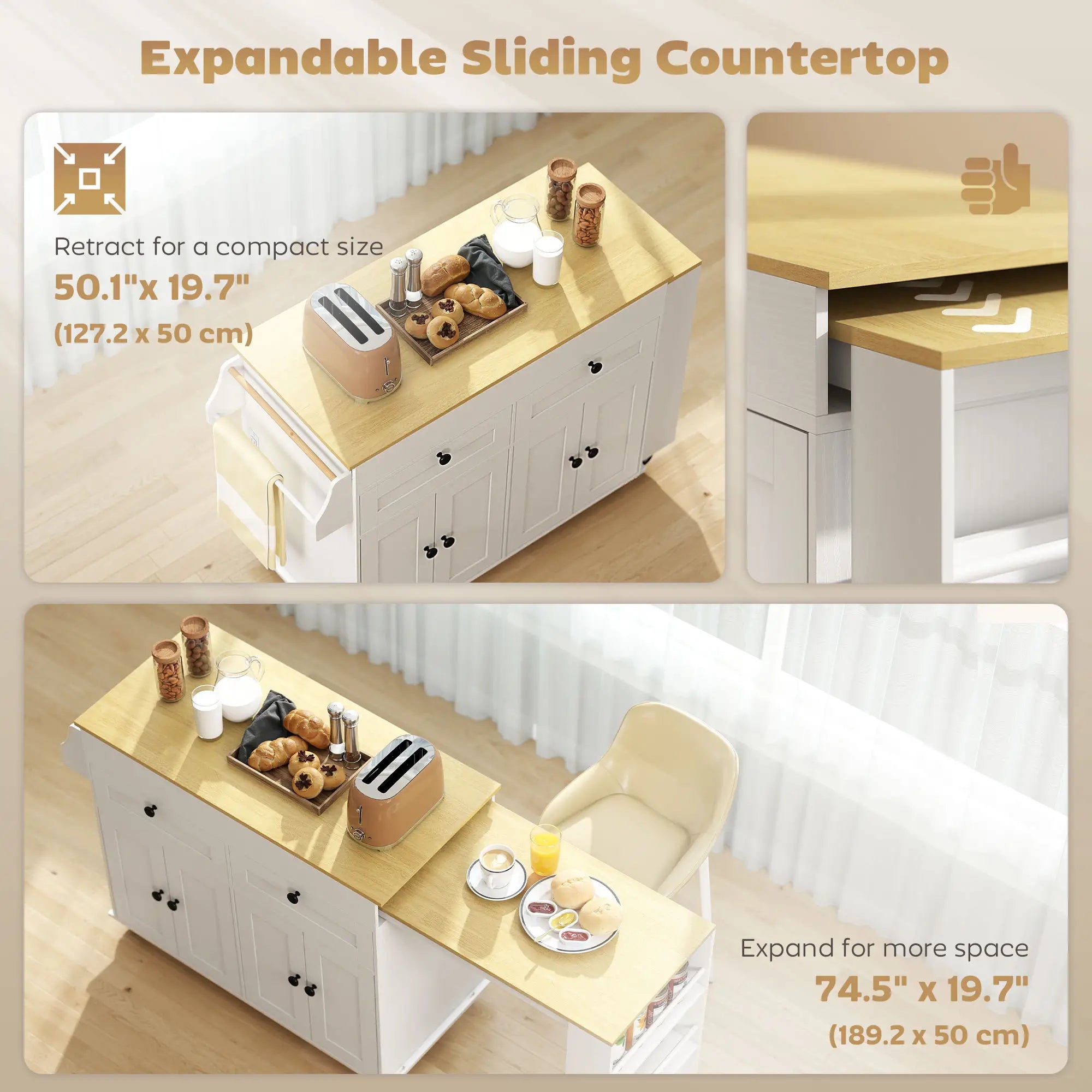 Kitchen Island With Sliding Expandable Top, Rolling Cart, White Kitchen Islands & Kitchen Carts at Gallery Canada