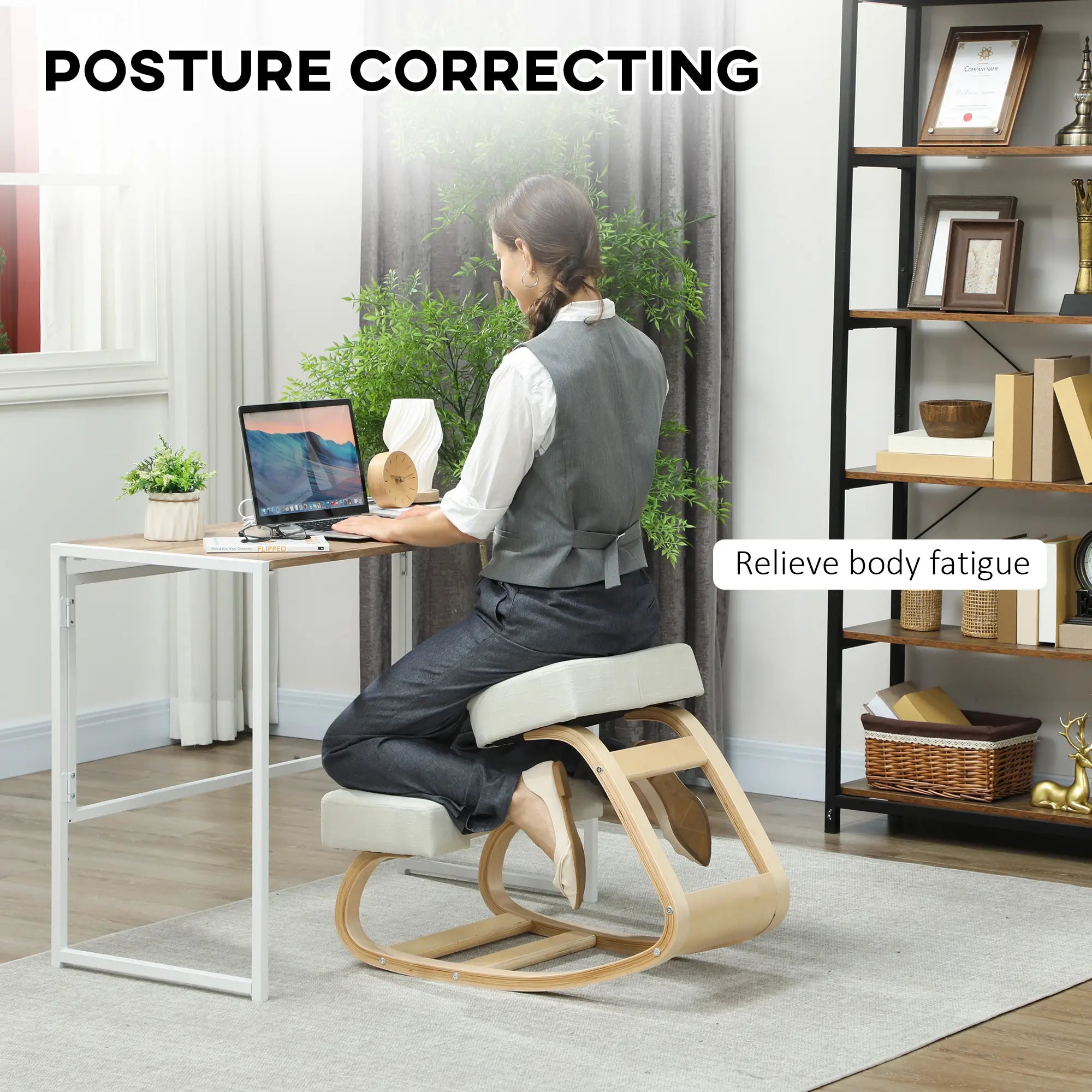 Ergonomic Kneeling Chair, Wood Stool with Thick Pads, Cream White Office Chairs at Gallery Canada