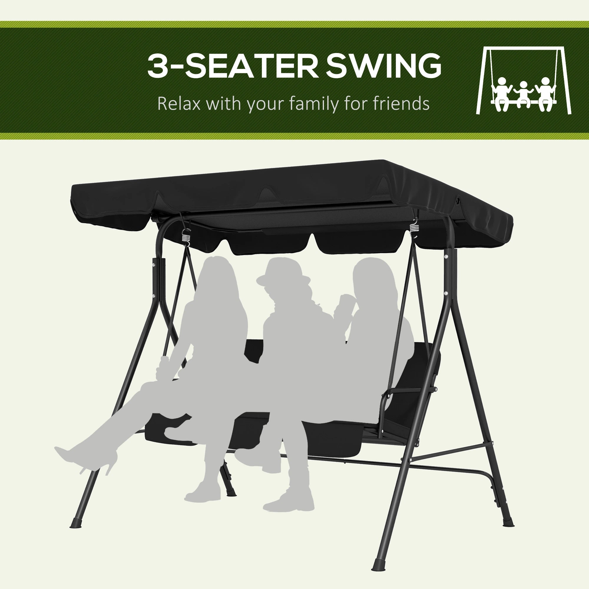 3-Seater Outdoor Porch Swing, Adjustable Canopy, Black Patio Swings with Stand at Gallery Canada