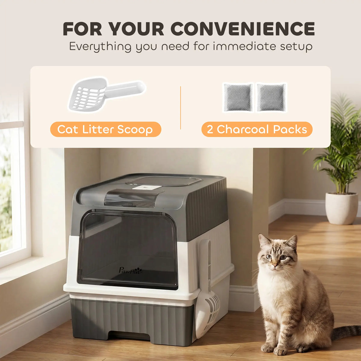 Enclosed Cat Litter Box with Drawer, Scoop, Grey Cat Litter Box Enclosures at Gallery Canada