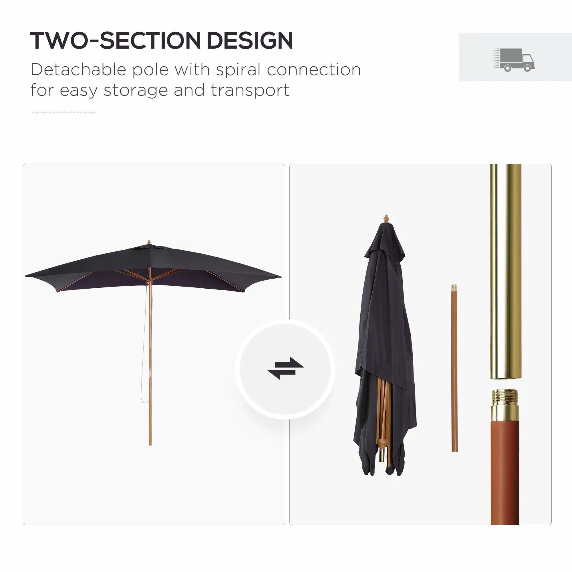 7' x 10' Wooden Patio Umbrella, Rectangle Garden Parasol, Outdoor Sunshade Canopy, Bamboo Ribs, Black Sun Umbrellas at Gallery Canada