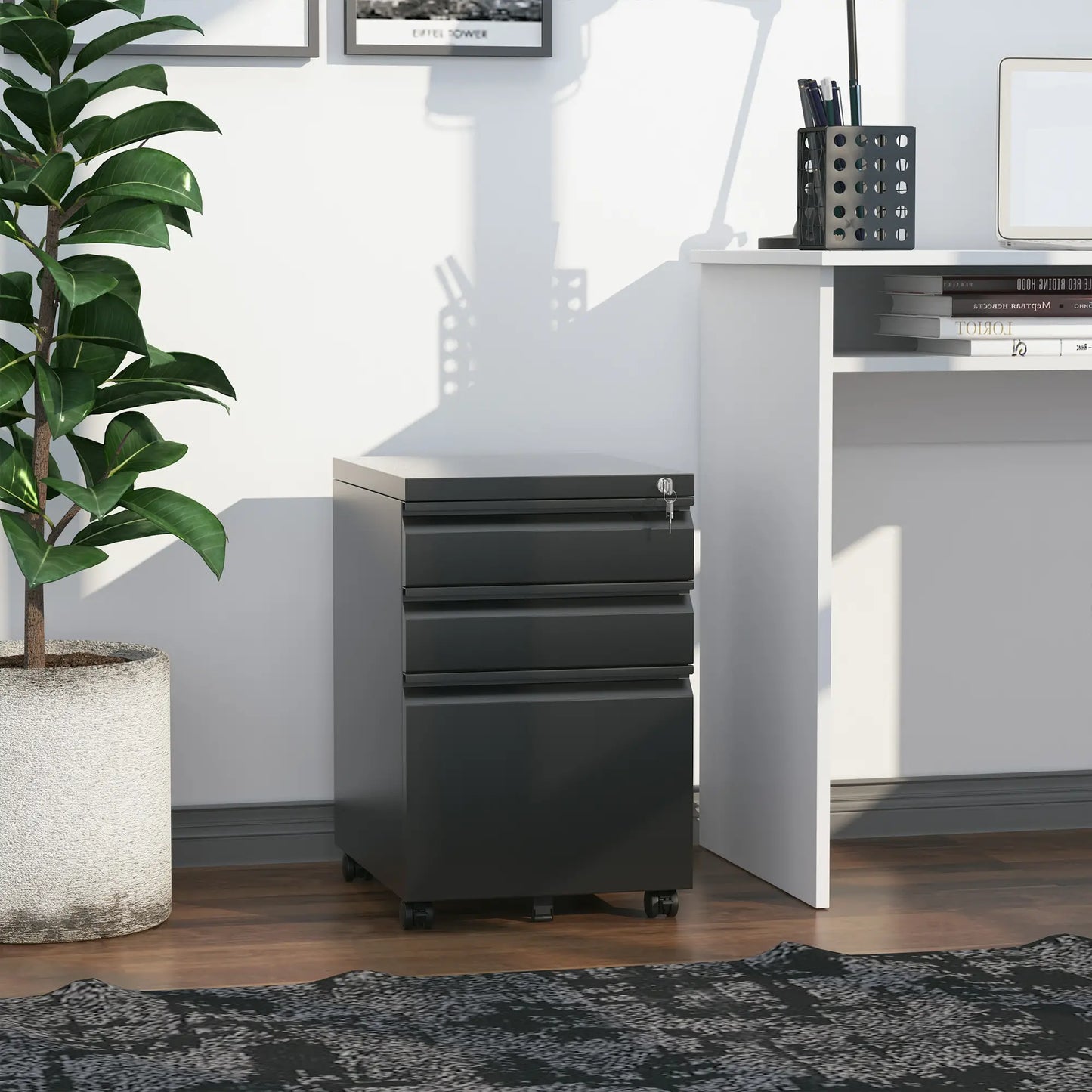 3 Drawer Lockable Filing Cabinet on Wheels, Legal Letter A4, Black Office Cabinets & Cupboards at Gallery Canada