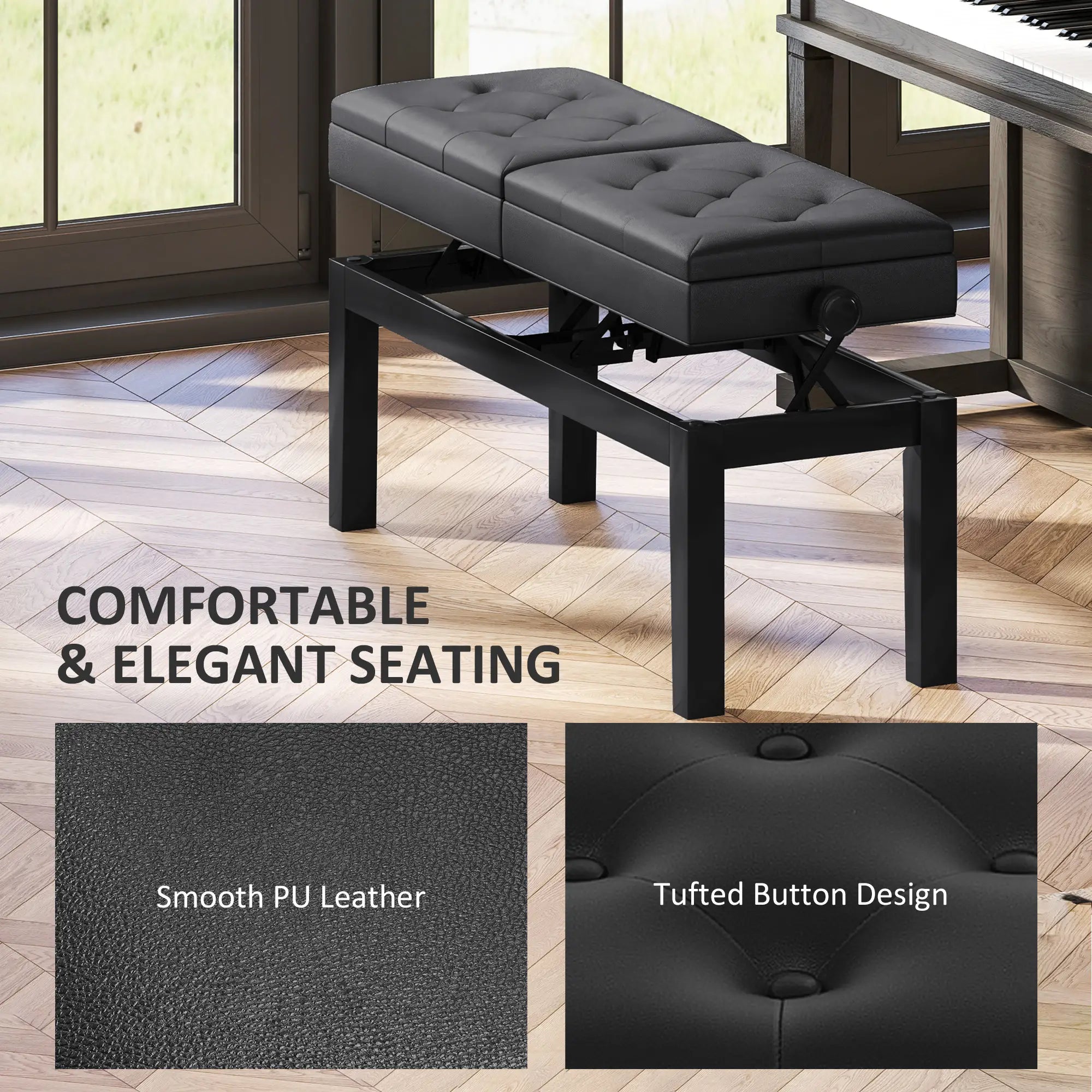 Height Adjustable Piano Bench with Storage, PU Leather Tufted, Black Piano Benches at Gallery Canada