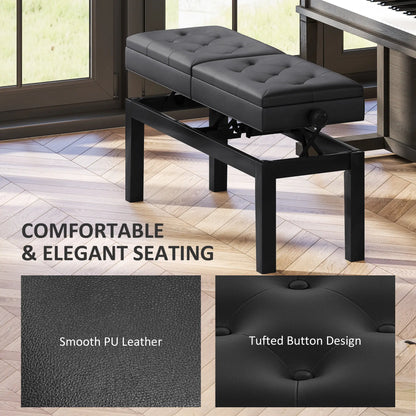 Height Adjustable Piano Bench with Storage, PU Leather Tufted, Black Piano Benches at Gallery Canada